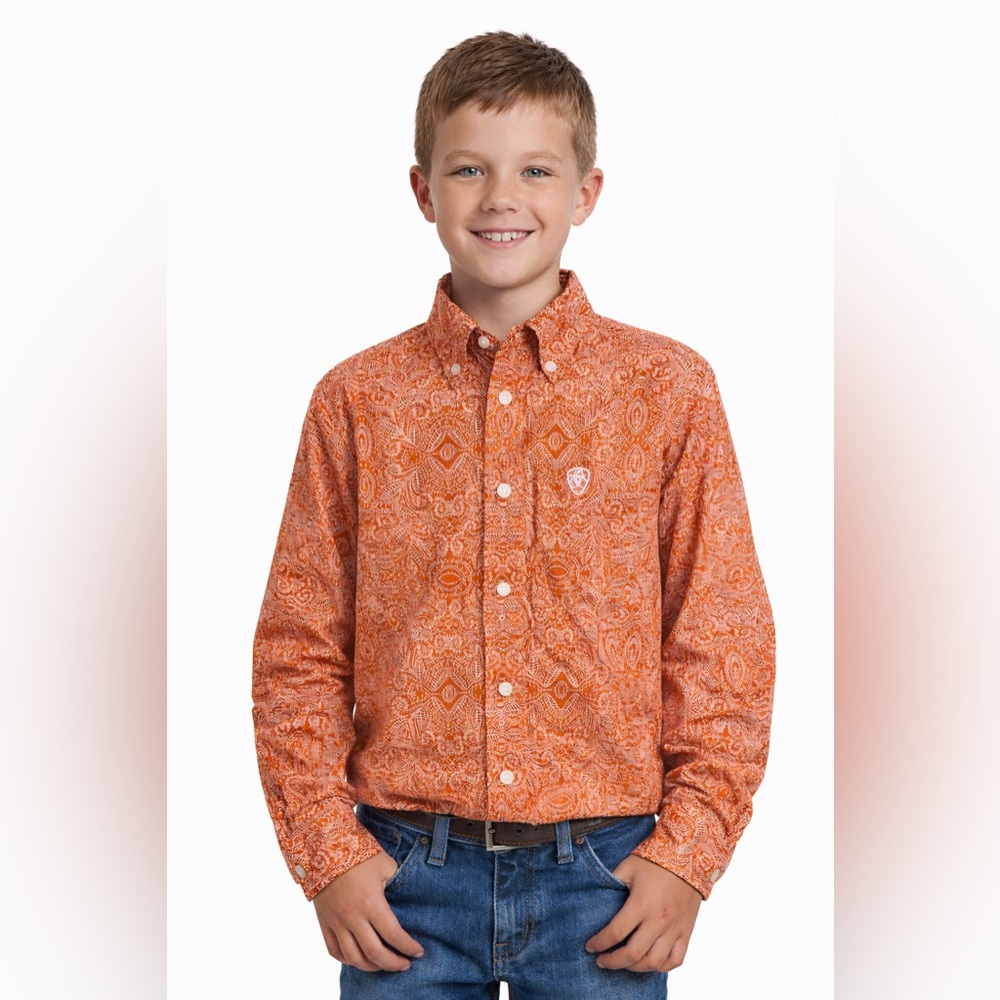 Ariat Boy’s Long Sleeve Button Down AmberPaisley Print Western Shirt New-Sz XL